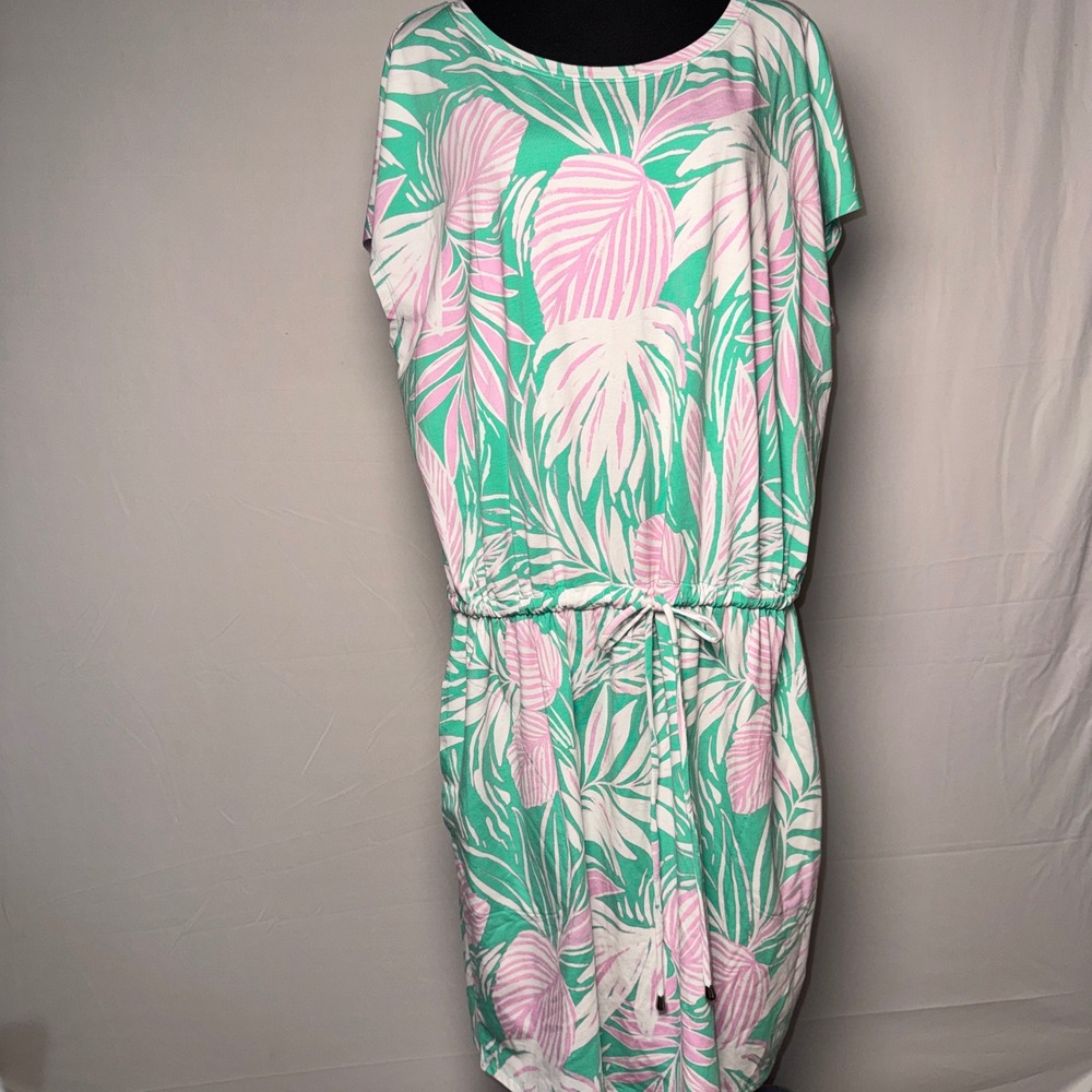 Belle by Kim Gravel Tropical Leaf Print Drawstring Waist Dress Green Pink XL